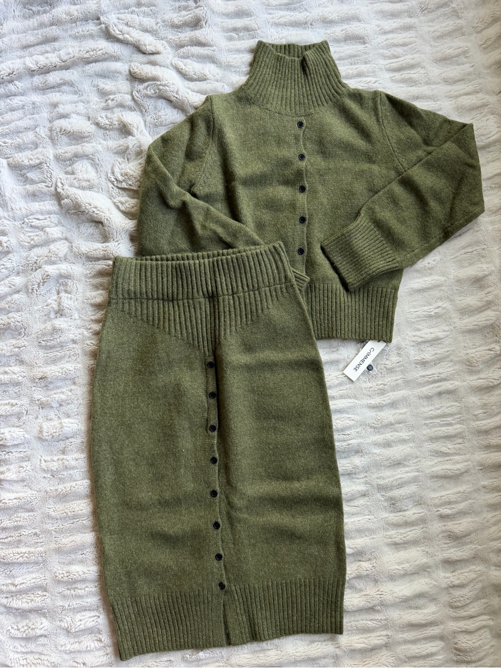 Commense Olive Green Turtleneck Knit Cardigan & Pencil Skirt Set - Picture 2 of 7